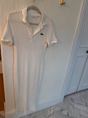 Lacoste Cream Ribbed Polo Midi Dress with Green Crocodile